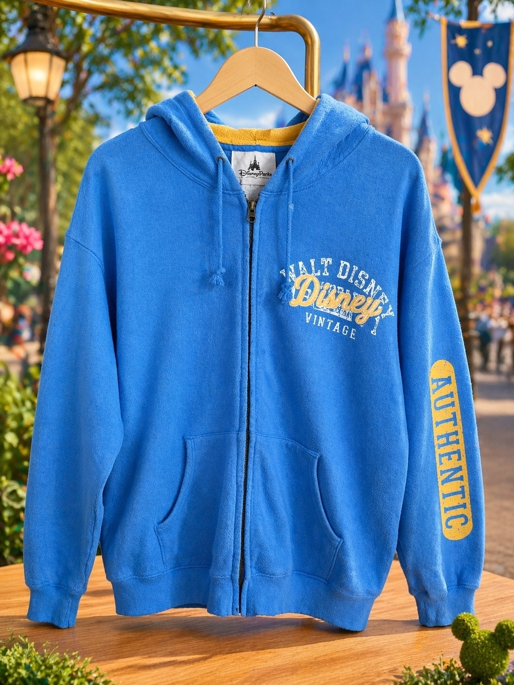 Disney Parks Hoodie Zip Up Blue Yellow Y2K Vintage Style L Graphic 71 Authentic